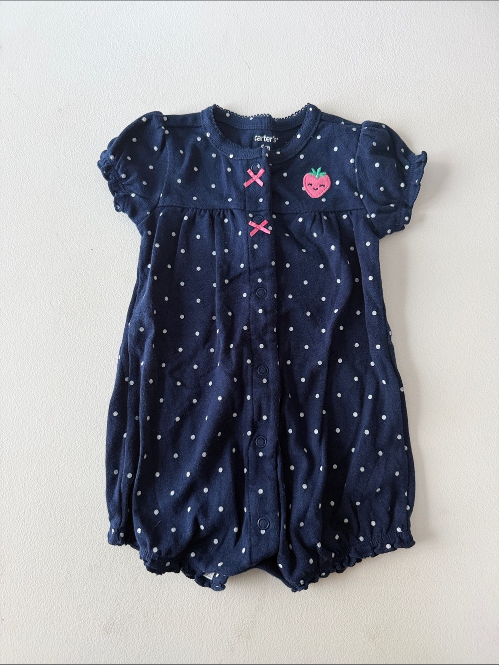 Carter's - Navy Polka Dot Romper with Strawberry butt
